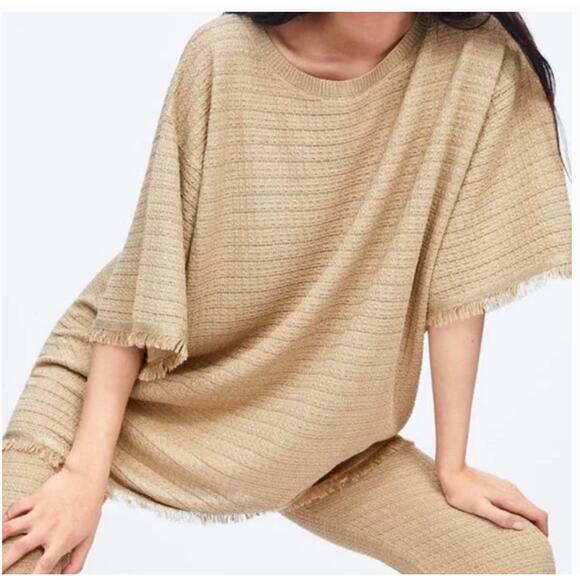Zara Women's Gold Metallic Fringe Trim Tunic Top in Tan Camel sz L - Picture 1 of 8